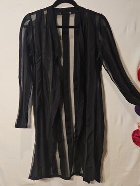 Sheer Mesh Stripe Longline Open Cardigan 0169